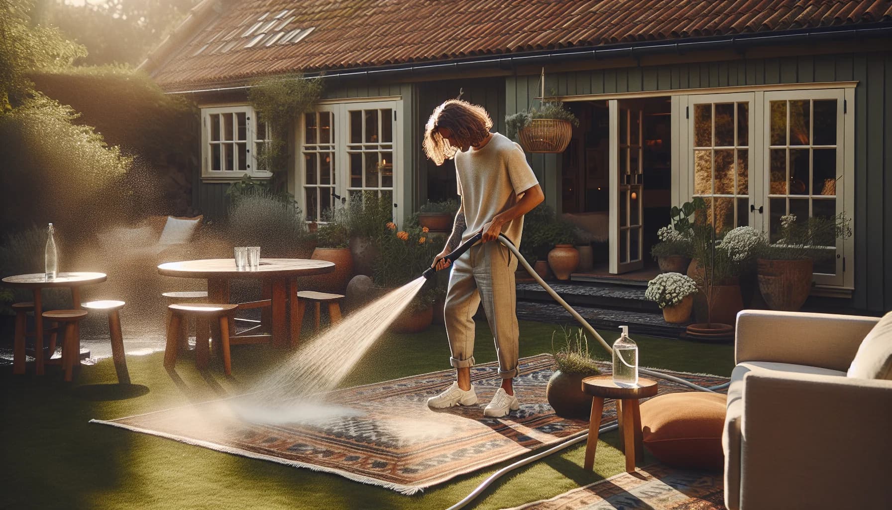 Rengöring av utematta med trädgårdsslang på gräsmatta