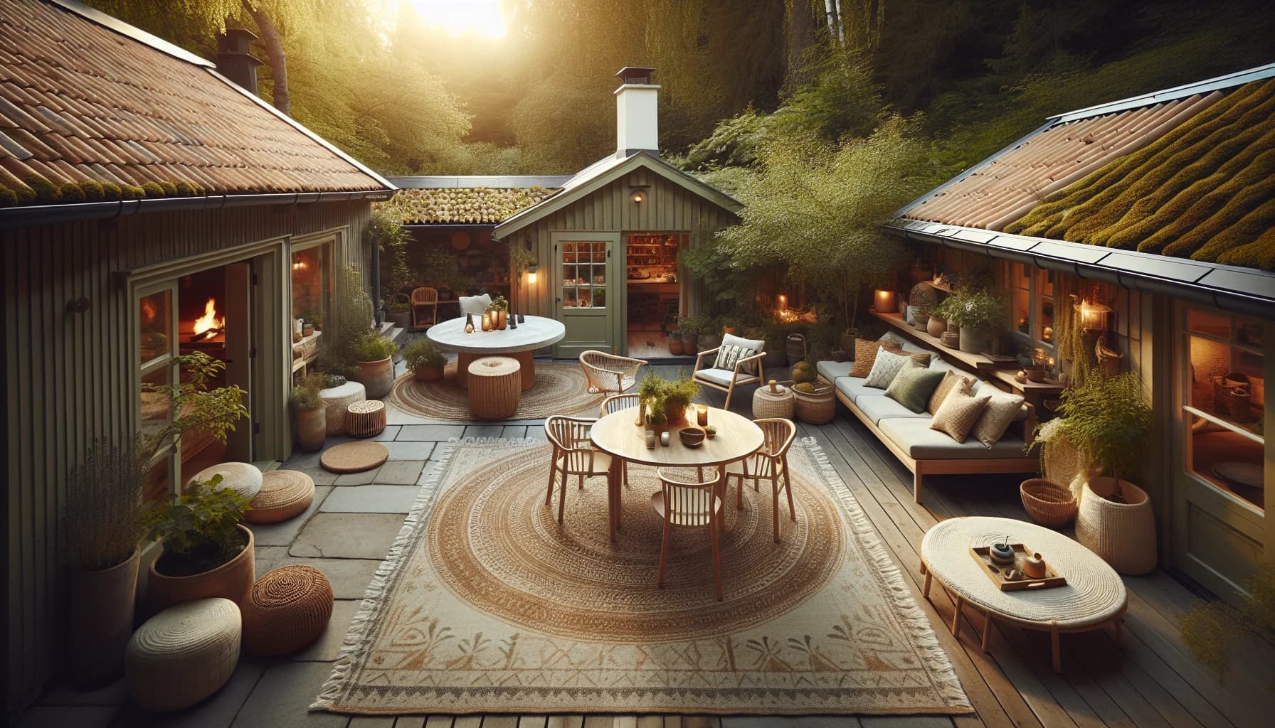 Rund och rektangulär utematta på uteplats för formjämförelse