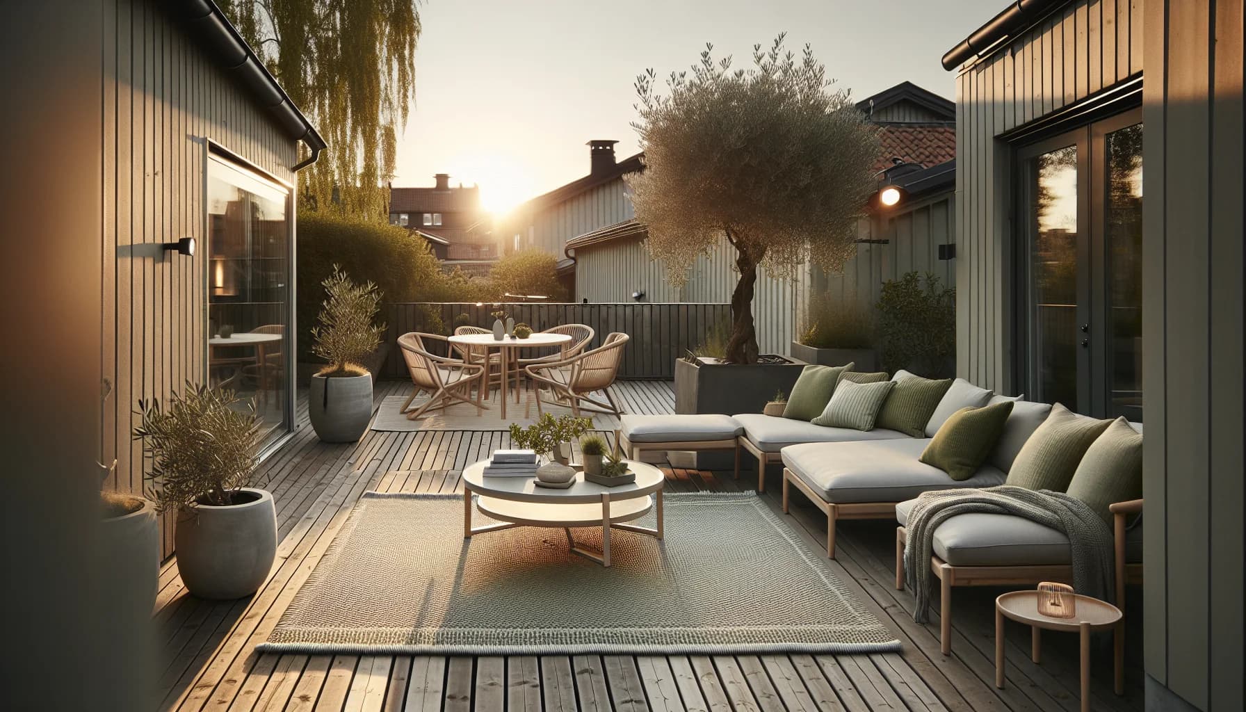 Skandinavisk uteplats med utematta, loungemöbler och sommarkväll