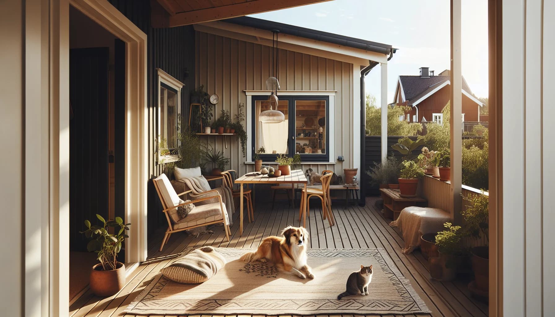 Hund och katt på slitstark utematta i sommarsol på altan