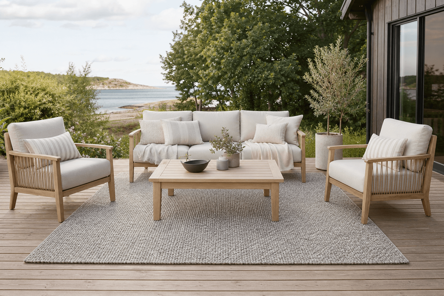 160x230 cm utematta med 3-sits soffa, bord och fåtöljer ovanför