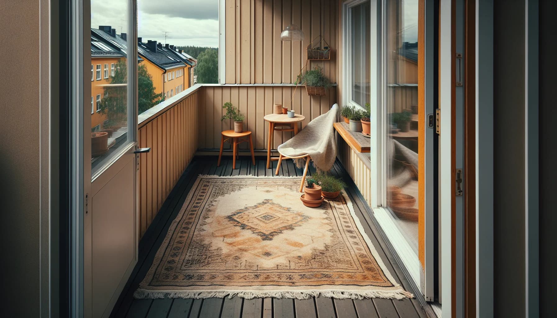 Möglig inomhusmatta som felaktigt lagts utomhus på balkong