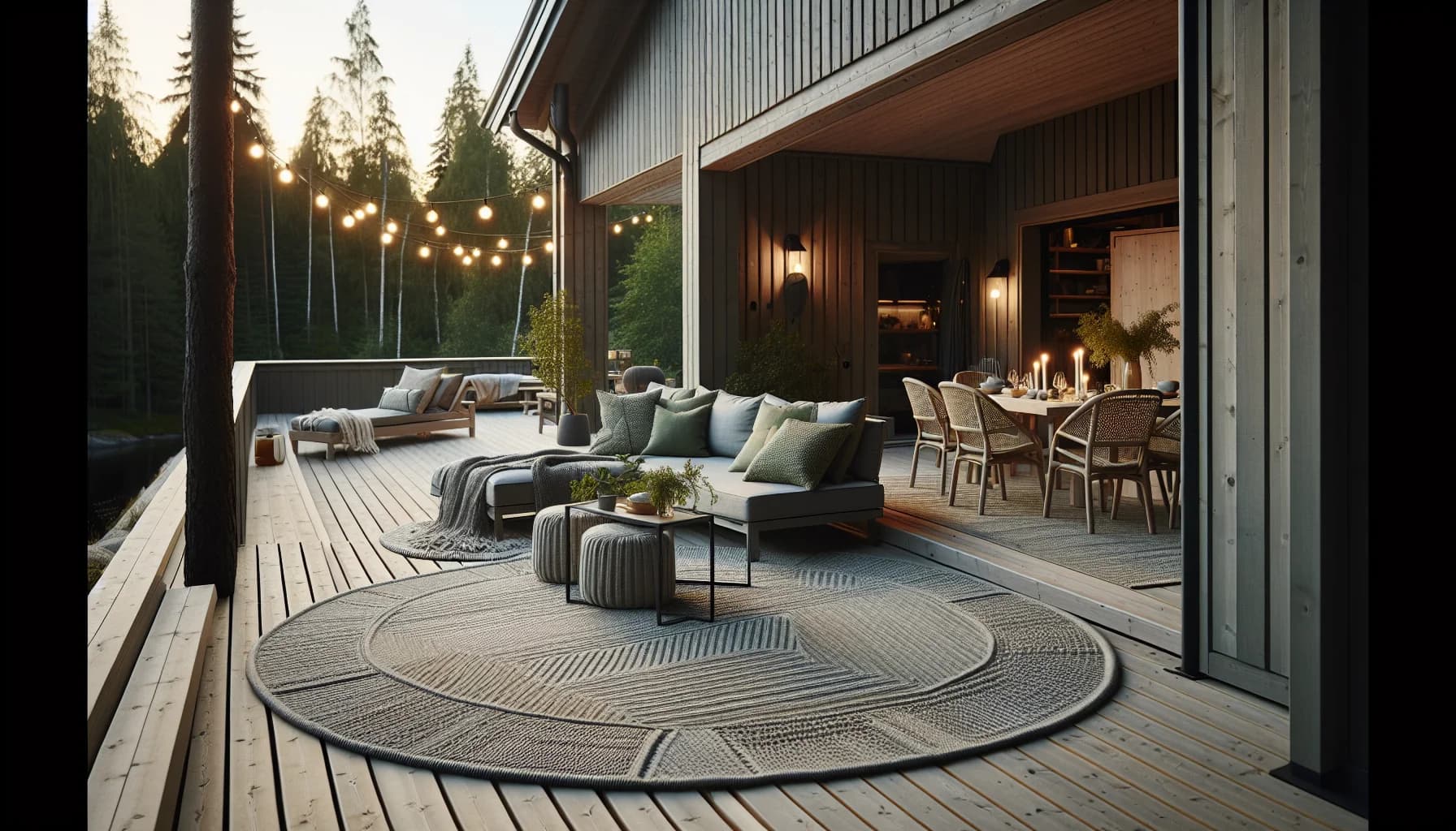 Stor utematta på trädäck med loungemöbler och sommarmiddag i bakgrunden