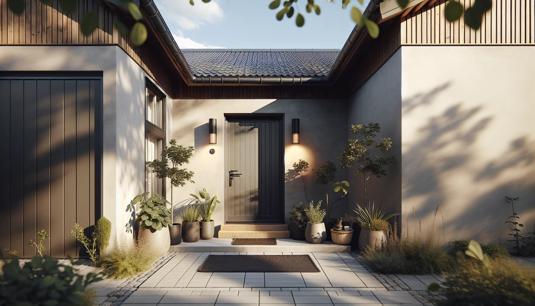 Slitstark utematta vid husEntré med ytterdörr och krukväxter