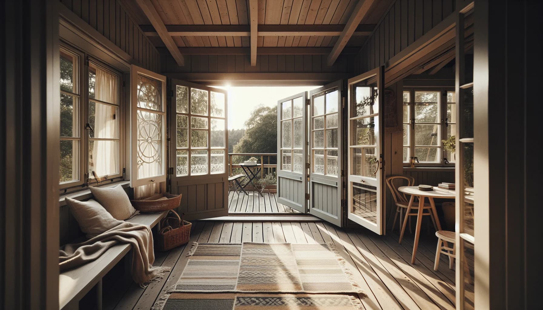 Inglasad balkong med ventilationsluckor öppna för att förhindra fukt