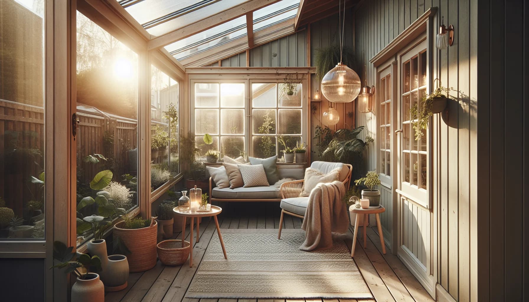 Utematta i inglasad balkong med sittgrupp och gröna växter