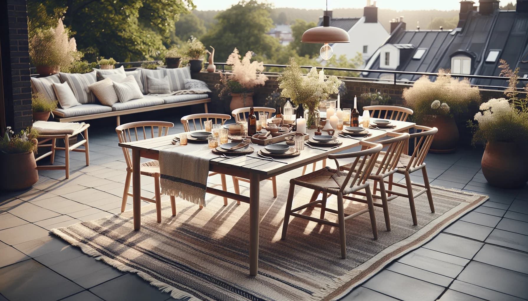 Utematta under utematbord med sex stolar på altan