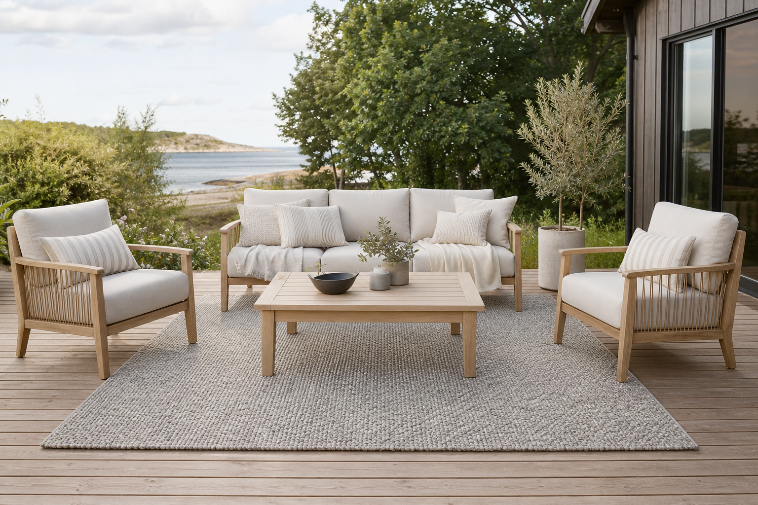 160x230 cm utematta med 3-sits soffa, bord och fåtöljer ovanför