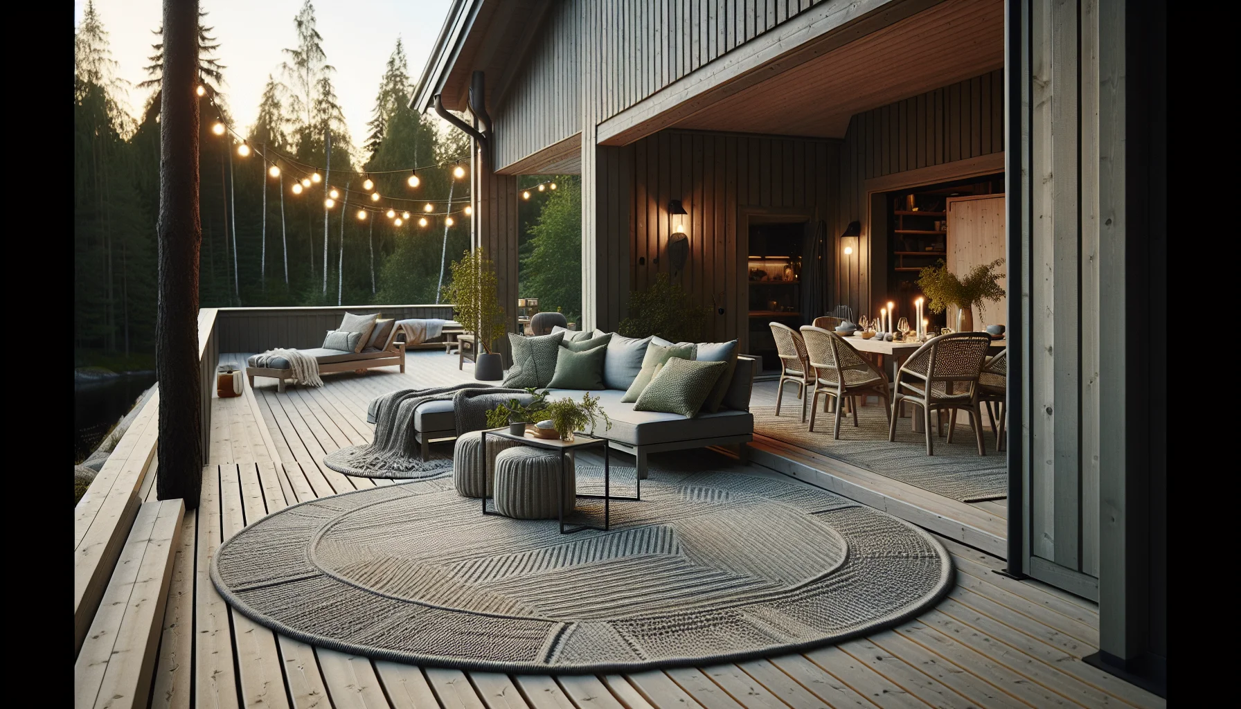 Stor utematta på trädäck med loungemöbler och sommarmiddag i bakgrunden